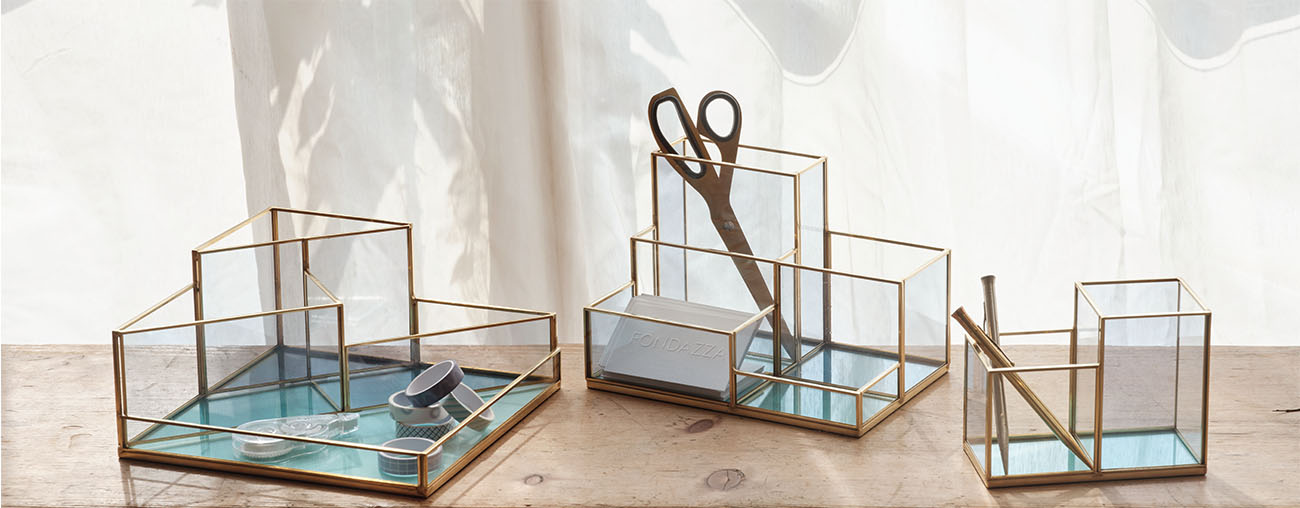 FONDAZZA ATOLL Compartments Decorative Deskt Organizer for Home Office Supplies, Gold Brass with Blue Tinted Glass, Blue Fabric underneath, Storage for makeup, jewelry and office stationary, best vanity home organizers or special gifts